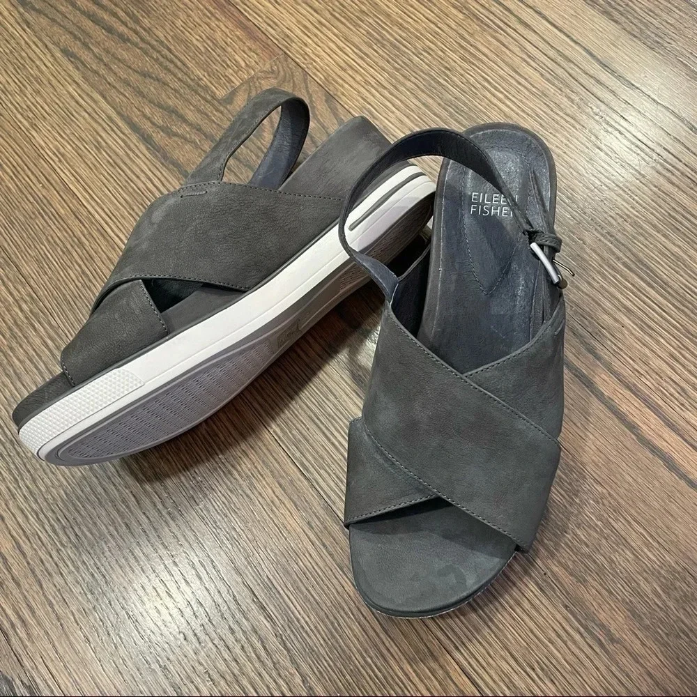 Eileen Fisher “Good” Leather Wedge Platform Sandal 8.5 Crisscross Graphite